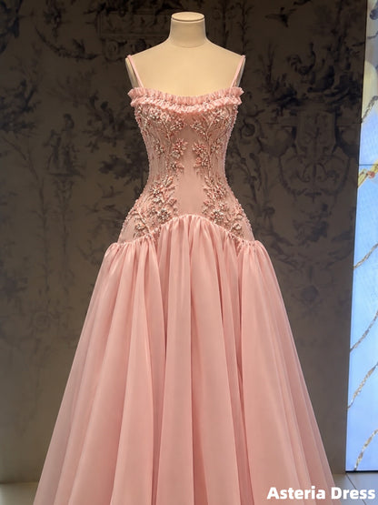 Spaghetti Straps Pink Applique Beaded Chiffon Prom Dresses