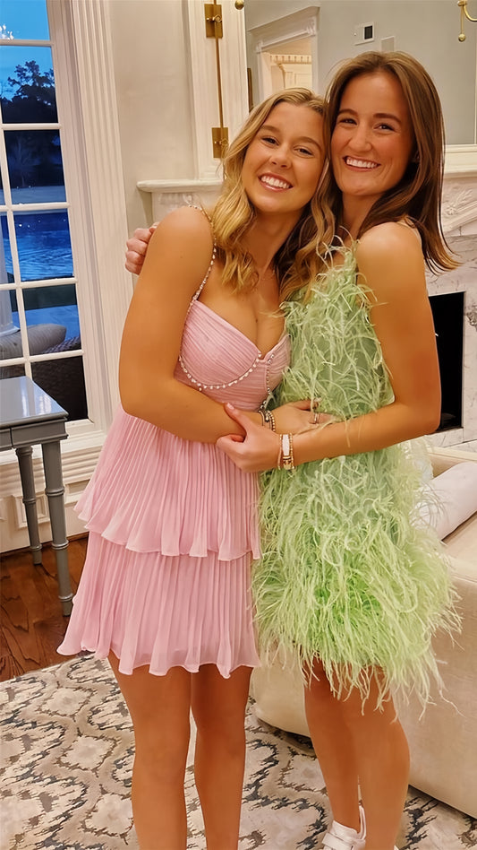 Spaghetti Straps Pink Chiffon Beaded Pleated Homecoming Dresses, AST1928