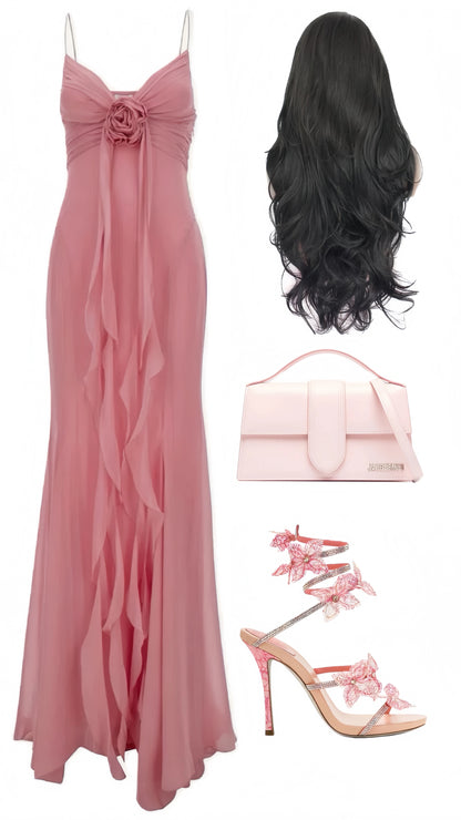 Spaghetti Straps Pink Chiffon Prom Dresses Ruffle Mermaid Evening Party Dress,AST2228