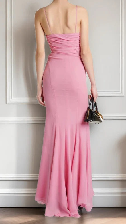 Spaghetti Straps Pink Chiffon Prom Dresses Ruffle Mermaid Evening Party Dress,AST2228