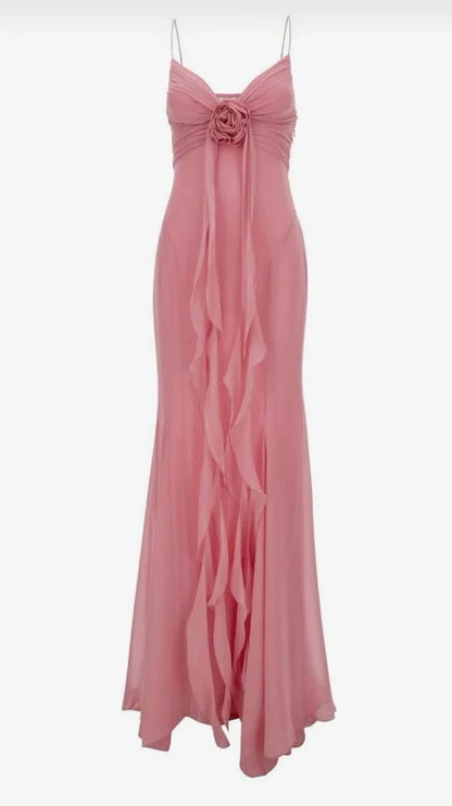 Spaghetti Straps Pink Chiffon Prom Dresses Ruffle Mermaid Evening Party Dress,AST2228