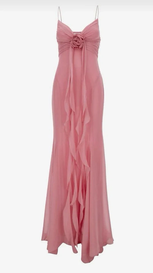 Spaghetti Straps Pink Chiffon Prom Dresses Ruffle Mermaid Evening Party Dress,AST2228