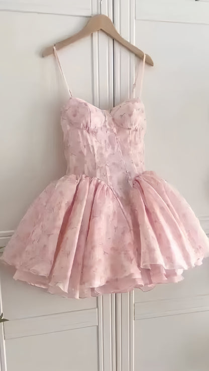Spaghetti Straps Pink Floral Homecoming Dresses Sweetheart Birthday Party Dress,AST2005