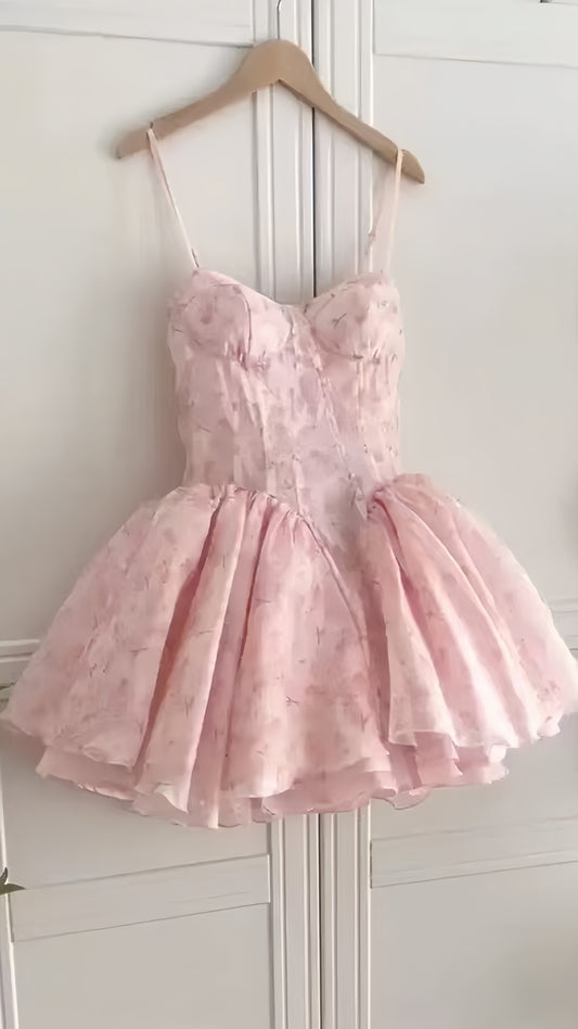 Spaghetti Straps Pink Floral Homecoming Dresses Sweetheart Birthday Party Dress,AST2005