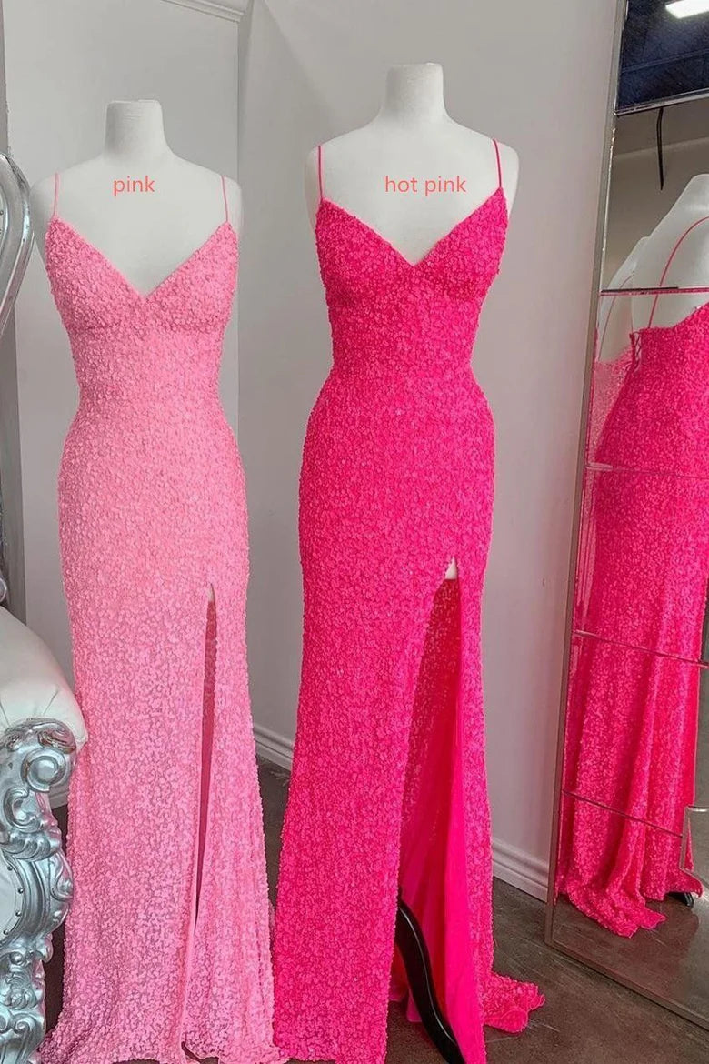 Spaghetti Straps Pink Sequin Long Evening Party Dress, Senior Prom Dress,AST1621