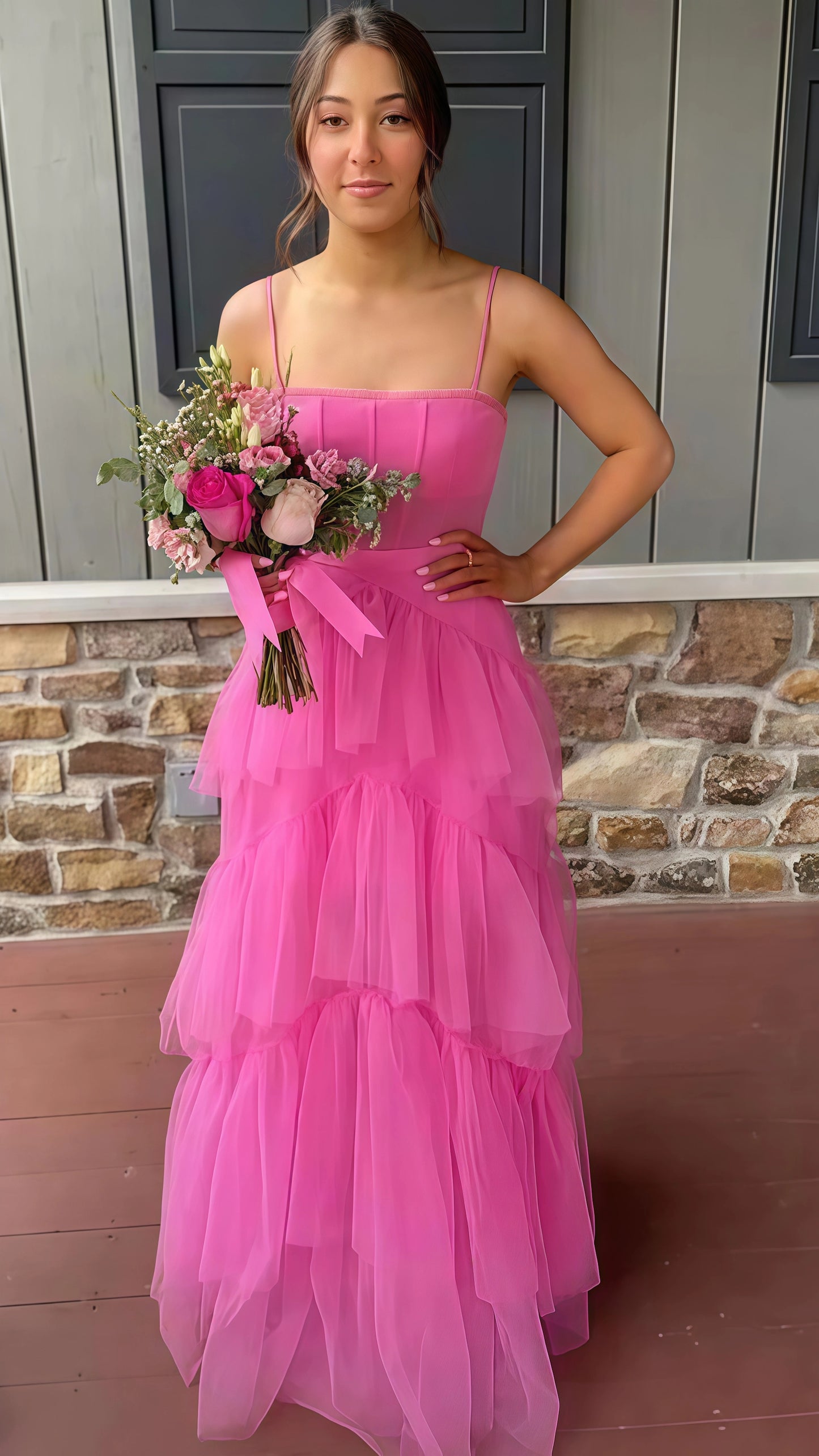 Spaghetti Straps Pink Tiered Evening Prom Dress,AST1625