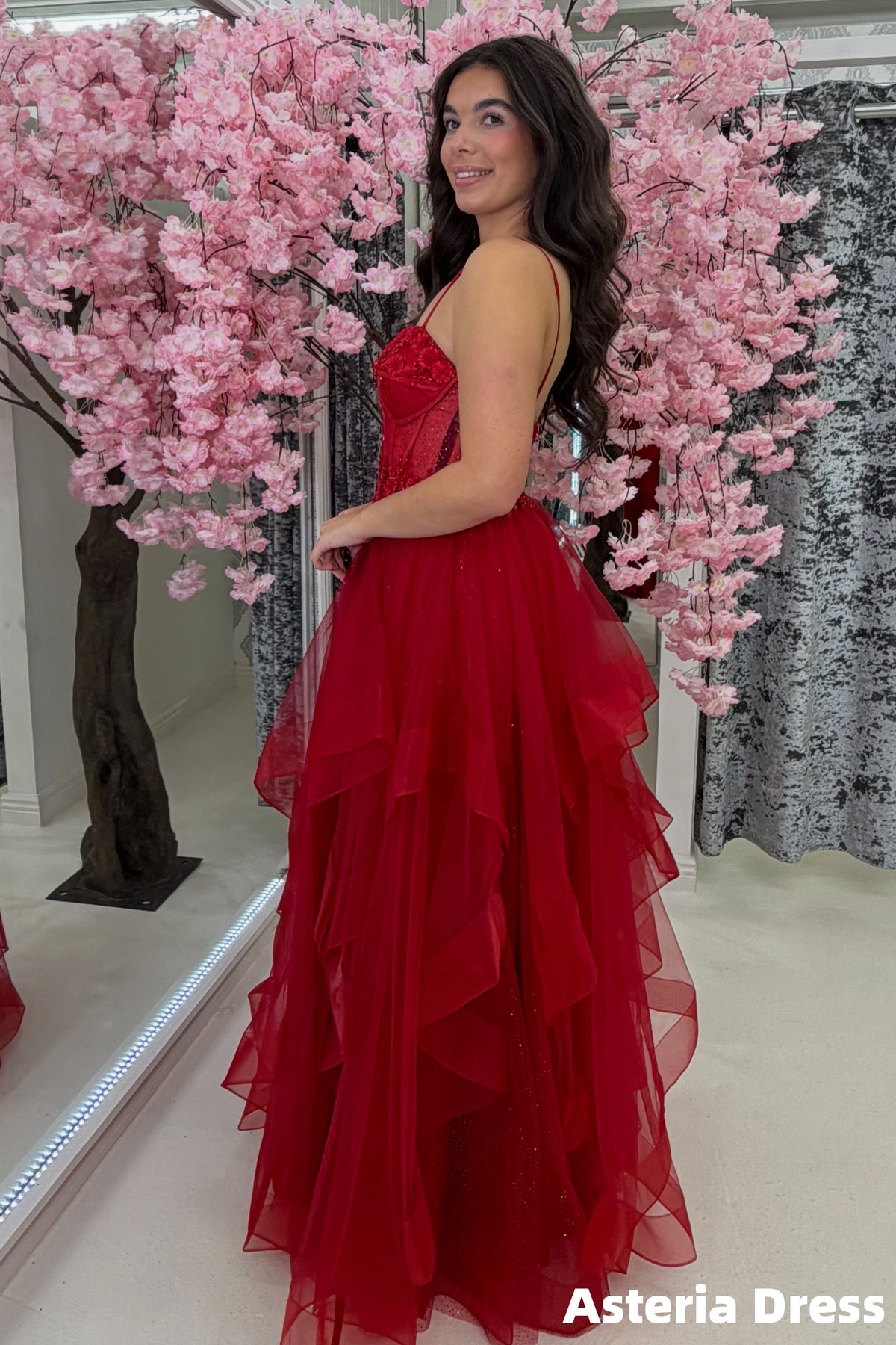 Spaghetti Straps Red Appliques Floral Tulle Prom Dresses