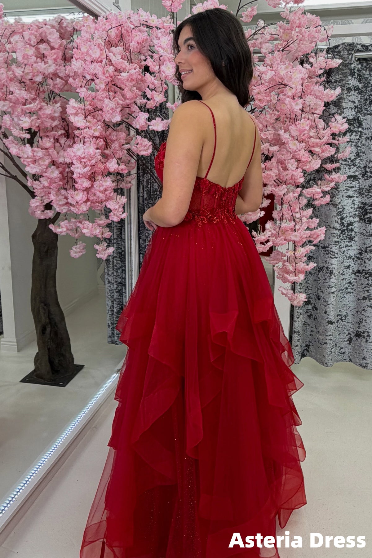 Spaghetti Straps Red Appliques Floral Tulle Prom Dresses