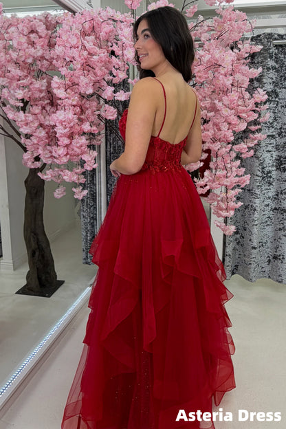 Spaghetti Straps Red Appliques Floral Tulle Prom Dresses
