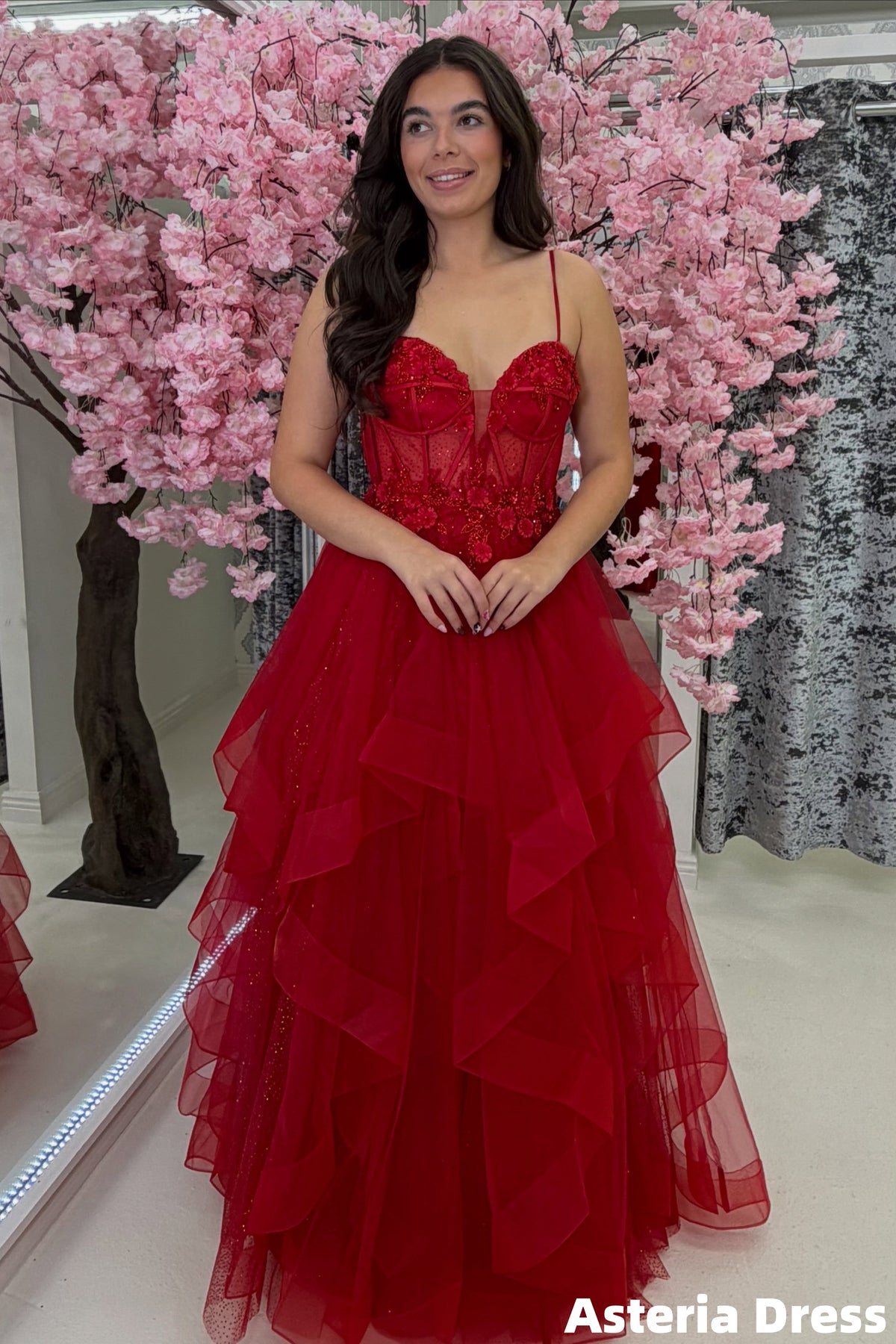 Spaghetti Straps Red Appliques Floral Tulle Prom Dresses