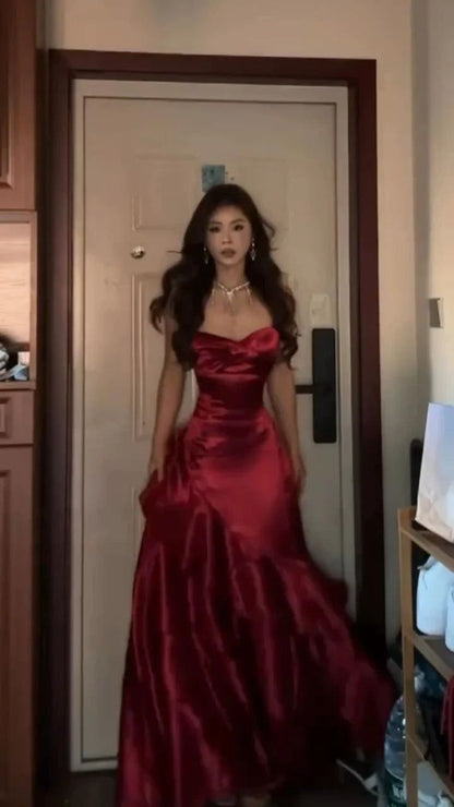 Spaghetti Straps Red Mermaid Prom Dresses Ruffle Graduation Formal Dress,AST2287