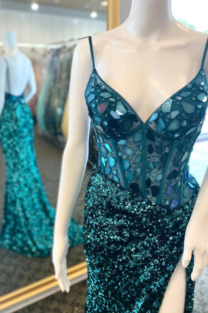 Spaghetti Straps V-Neck Prom Dresses Glass Mirror Evening Party Dress Sequin Mermaid Graduation Dress,AST2213