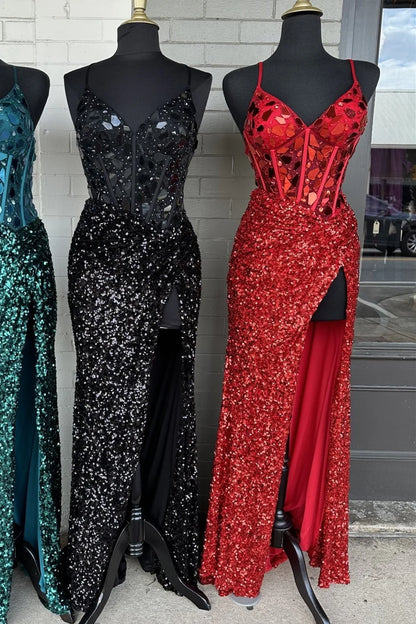 Spaghetti Straps V-Neck Prom Dresses Glass Mirror Evening Party Dress Sequin Mermaid Graduation Dress,AST2213