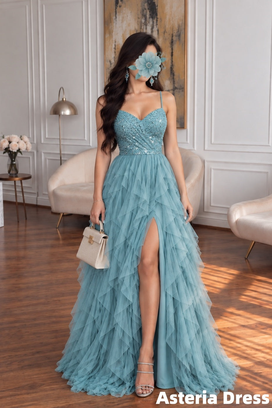 Spaghetti Straps V-Neck Ruffles Tulle Prom Dresses, Formal Party Dress
