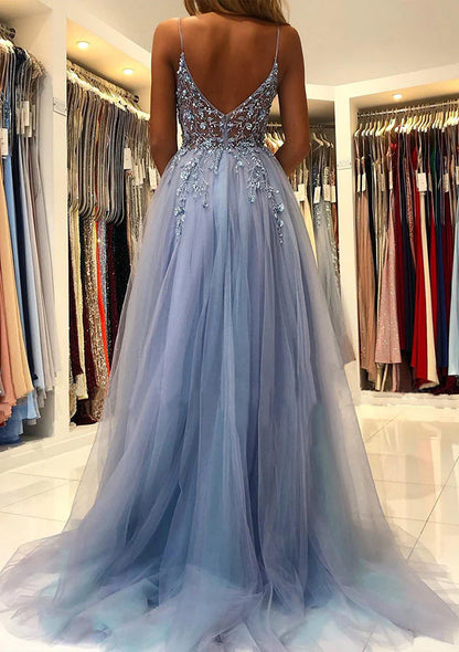 Spaghetti Straps V-neck Beaded Tulle Long Prom Dress,AST945