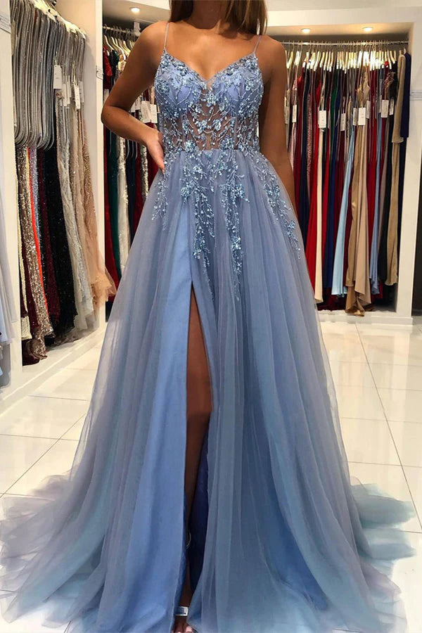 Spaghetti Straps V-neck Beaded Tulle Long Prom Dress,AST945