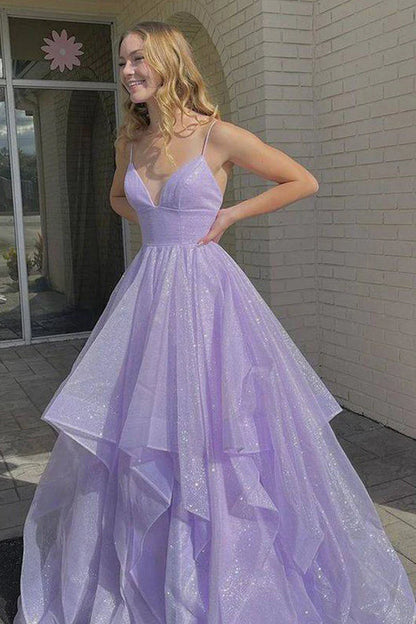 Spaghetti Straps V-neck Layers Long Prom Dress Blush Pink Senior Prom Dresses,AST942