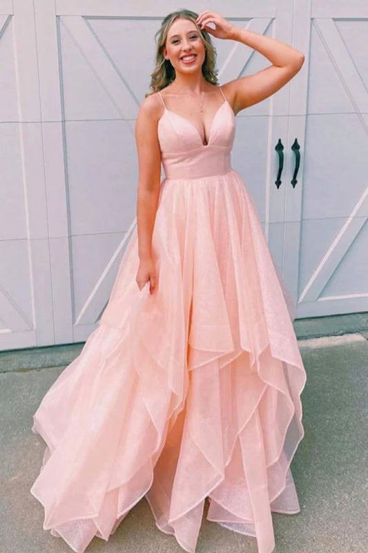 Spaghetti Straps V-neck Layers Long Prom Dress Blush Pink Senior Prom Dresses,AST942