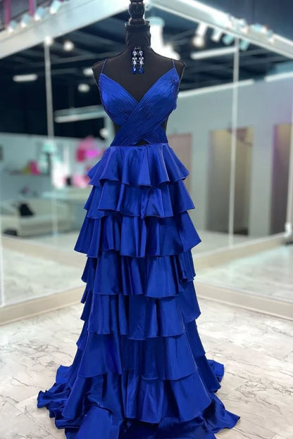 Spaghetti Straps V-neck Ruffle Prom Dresses Sexy Graduation Party Dress With Slit,AST2212