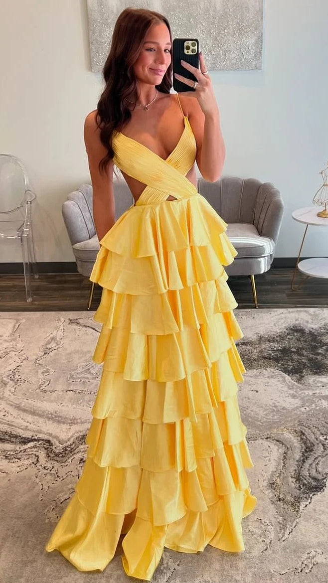 Spaghetti Straps V-neck Ruffle Prom Dresses Sexy Graduation Party Dress With Slit,AST2212