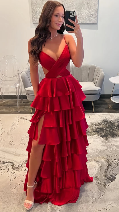Spaghetti Straps V-neck Ruffle Prom Dresses Sexy Graduation Party Dress With Slit,AST2212
