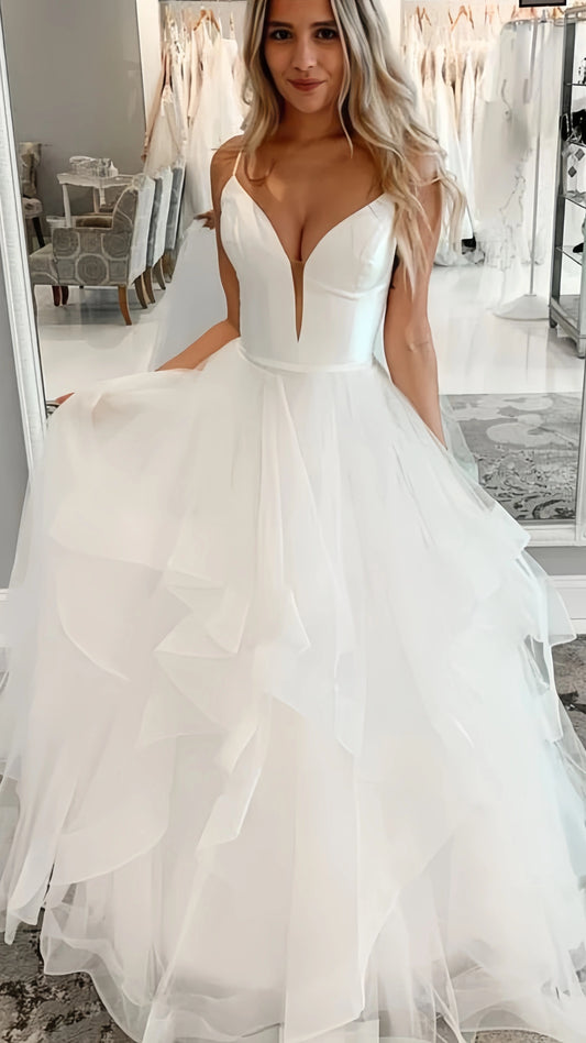 Spaghetti Straps White Ruffles Wedding Dress, A-Line Tulle Party Dress, AST1594