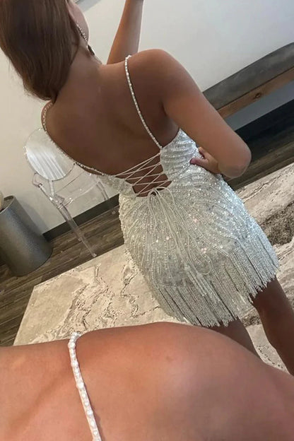 Spaghetti Straps White Sequined  Homecoming Dresses With Tassel, AST1342