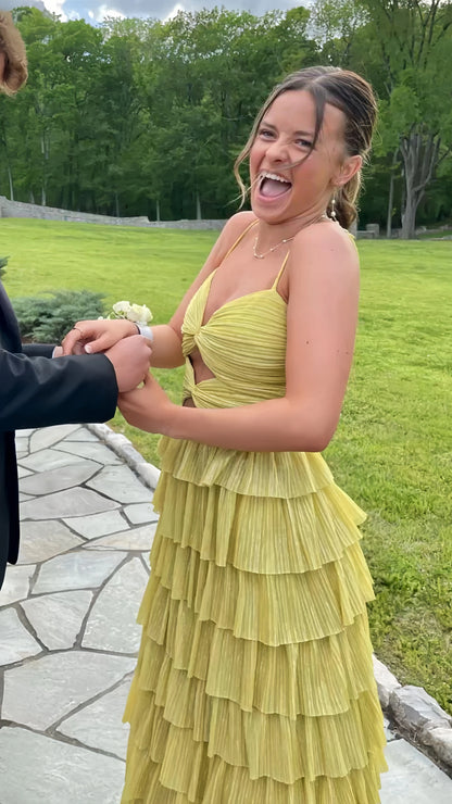 Spaghetti Straps Yellow Tiered Ruffles Long Prom Dress, AST1579