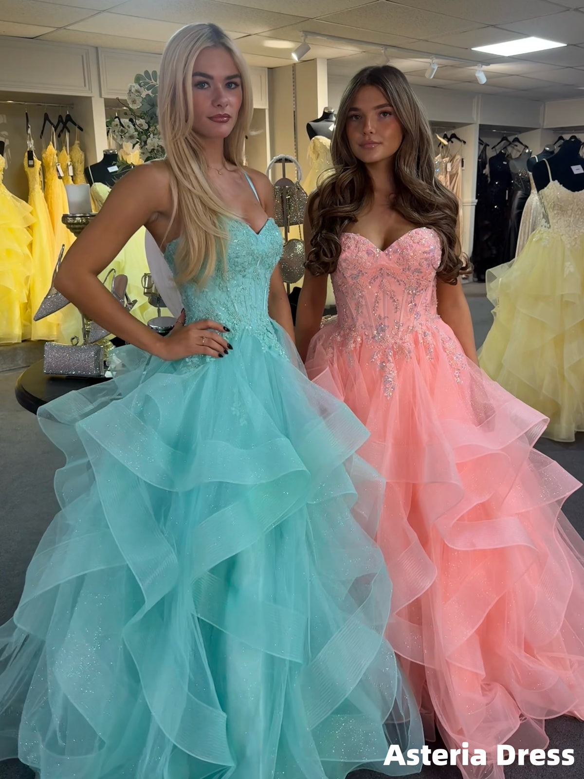 Spaghetti Straps Appliques Ruffle Sparkle Prom Dresses