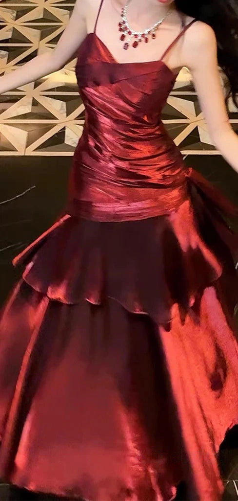 Spaghetti Straps Burgundy Long Prom Dresses Ruffles Maxi Prom Dress, Formal Dress,AST2103