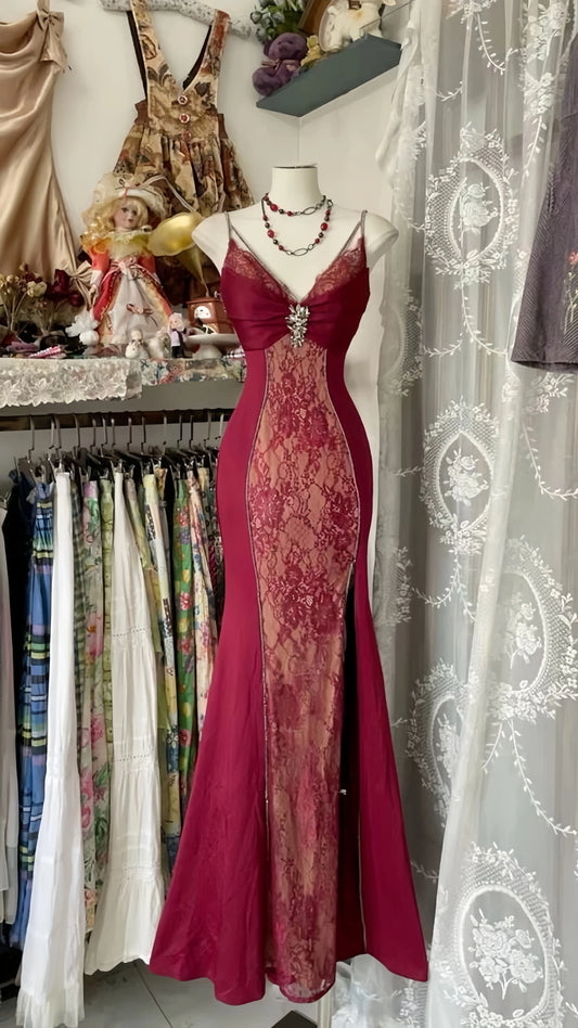 Spaghetti Straps Lace V-Neck Evening Prom Dresses,AST2261