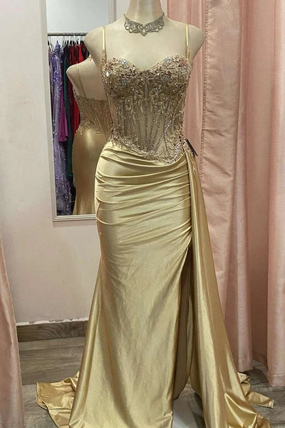 Spaghetti Straps Mermaid Prom Dresses Appliques Satin Evening Party Dress With Split,AST2202