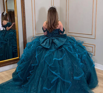Sparkle Blue Off The Shoulder Long Party Dresses Quinceanera Ball Gown Sweet Dress,AST2120