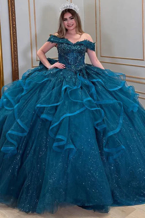 Sparkle Blue Off The Shoulder Long Party Dresses Quinceanera Ball Gown Sweet Dress,AST2120
