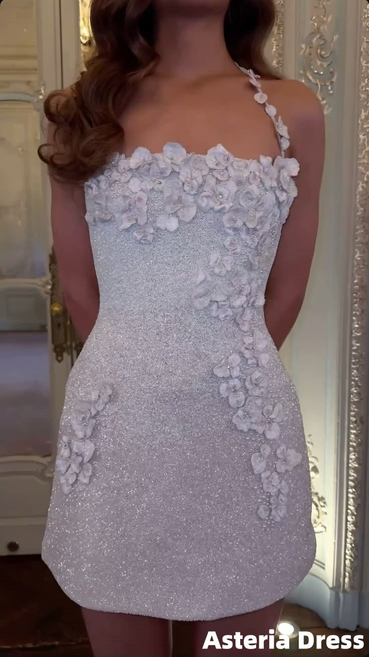 Sparkle Floral Silver Sequin Mini Homecoming Dresses