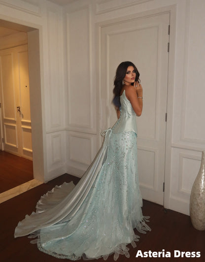 Sparkle Light Blue Strapless Beaded Mermaid Long Prom Dresses