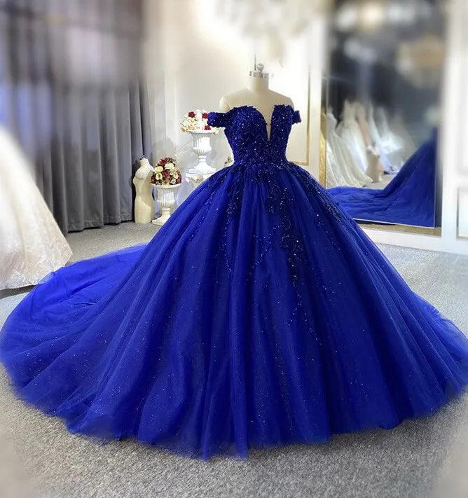 Sparkle Royal Blue Appliques Tulle Sweet 16 Dress Quinceanera Ball Gown,AST998