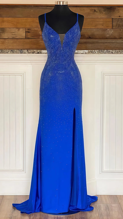 Sparkle Royal Blue Mermaid Long Prom Dress V-Neck Formal Gown,AST1635