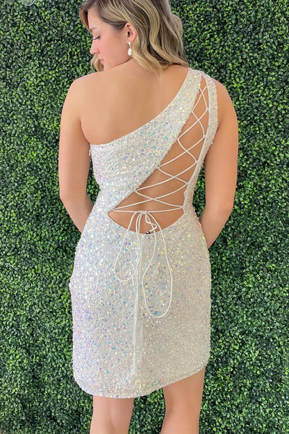 Sparkle Blue Sequin One Shoulder Bodycon Party Dress Homecoming Dresses , AST1176