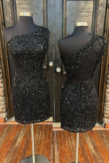Sparkle Blue Sequin One Shoulder Bodycon Party Dress Homecoming Dresses , AST1176