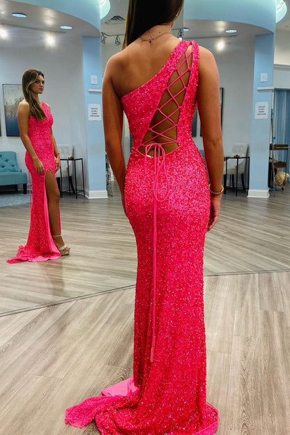 Sparkle Hot Pink Sequin Mermaid One Shoulder Long Formal Dress