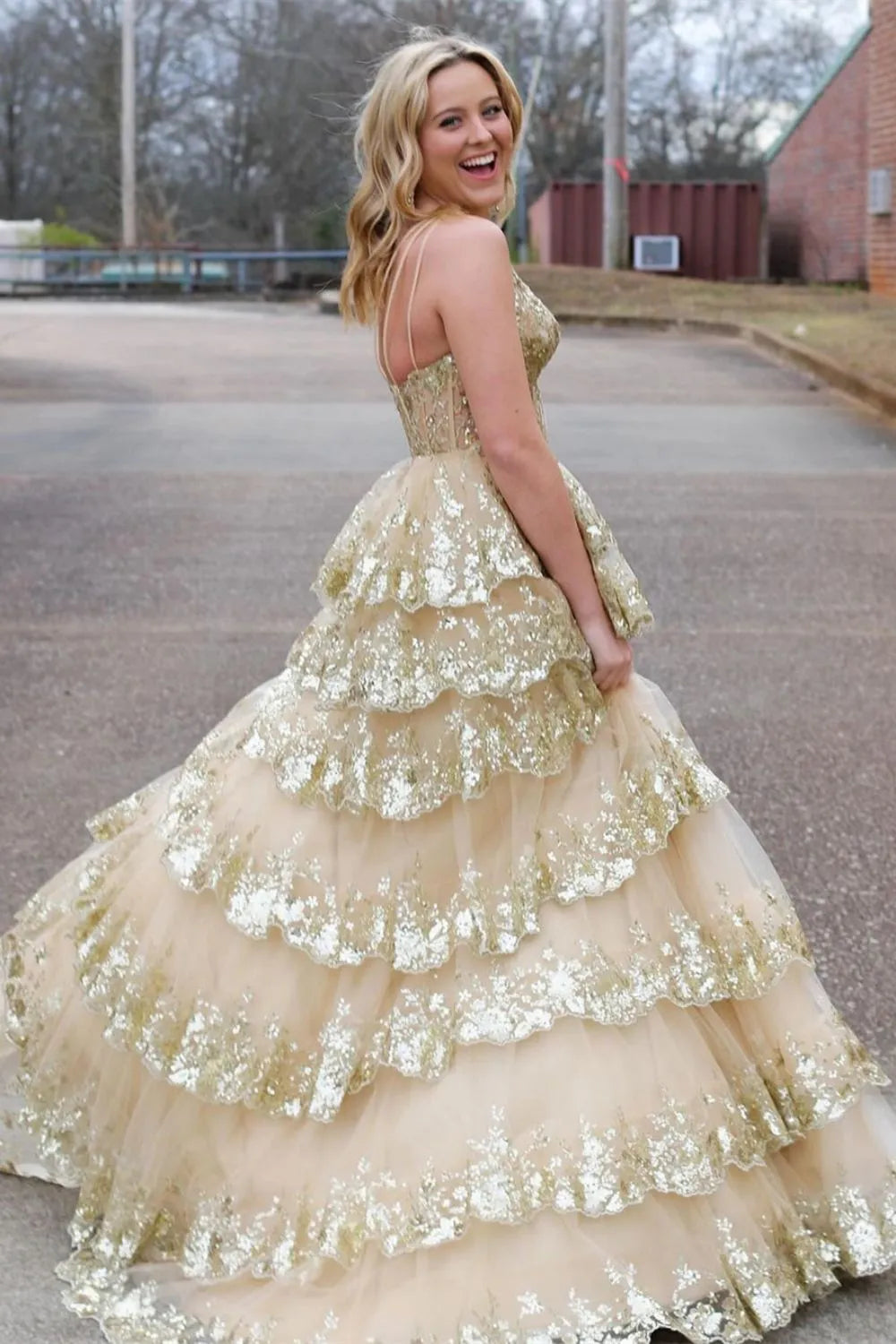 Sparkly Black Prom Dress with One Shoulder Tiered Sequin Layers and Thigh High Slit