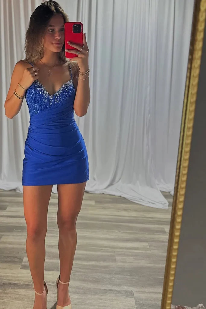 Sparkly Royal Blue Bodycon Corset Homecoming Dress With Beading