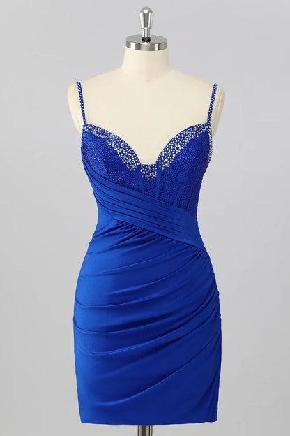 Sparkly Royal Blue Bodycon Corset Homecoming Dress With Beading