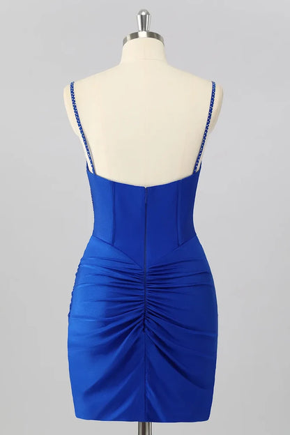 Sparkly Royal Blue Bodycon Corset Homecoming Dress With Beading