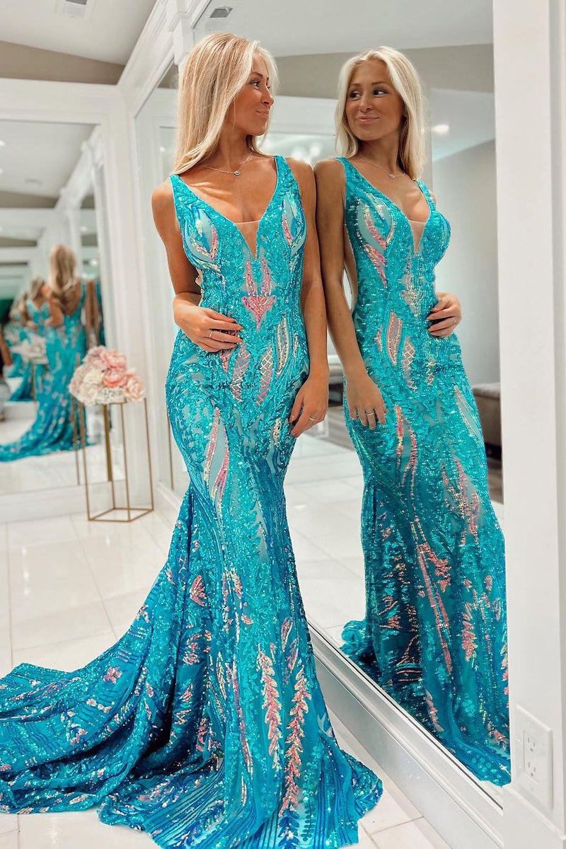 Sparkly Mermaid  V Neck Sequins Long Prom Dresses