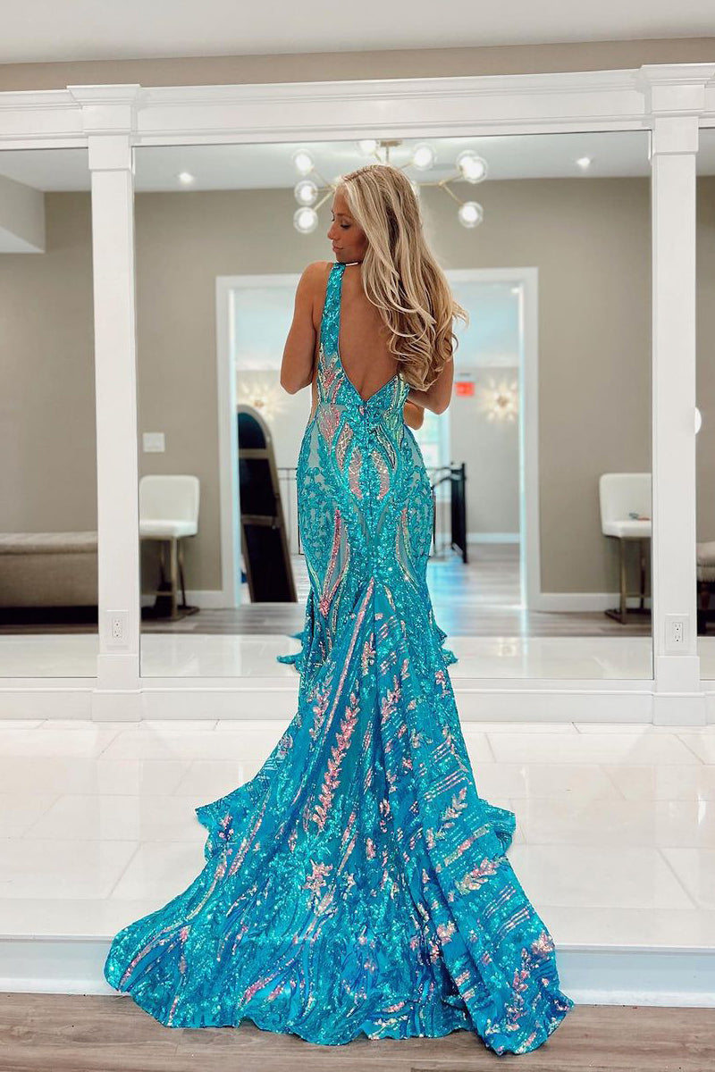 Sparkly Mermaid  V Neck Sequins Long Prom Dresses