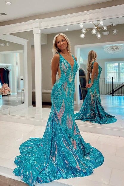 Sparkly Mermaid  V Neck Sequins Long Prom Dresses