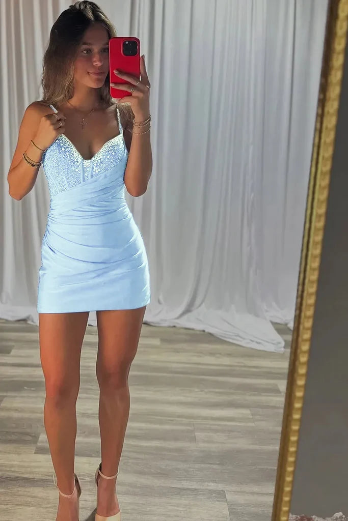 Sparkly Royal Blue Bodycon Corset Homecoming Dress With Beading