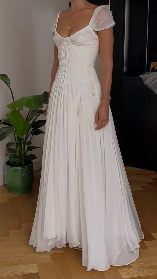 Special White Pleated Party Dress, Cap Sleeves Chiffon Wedding Gown,AST1761
